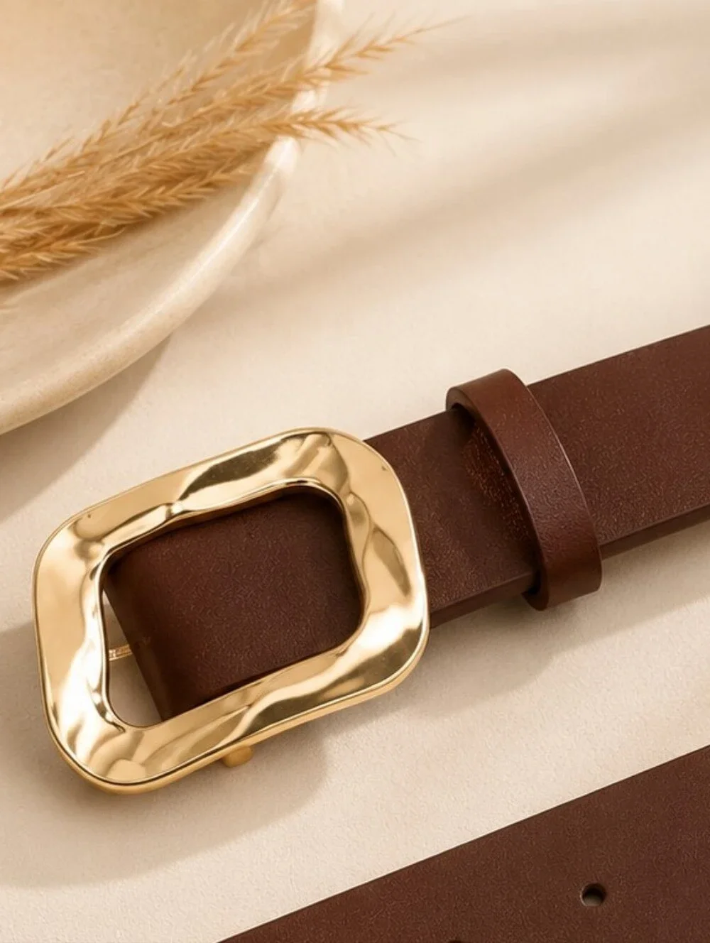 Women's Brown Leather Belt with Gold Sculpted Buckle